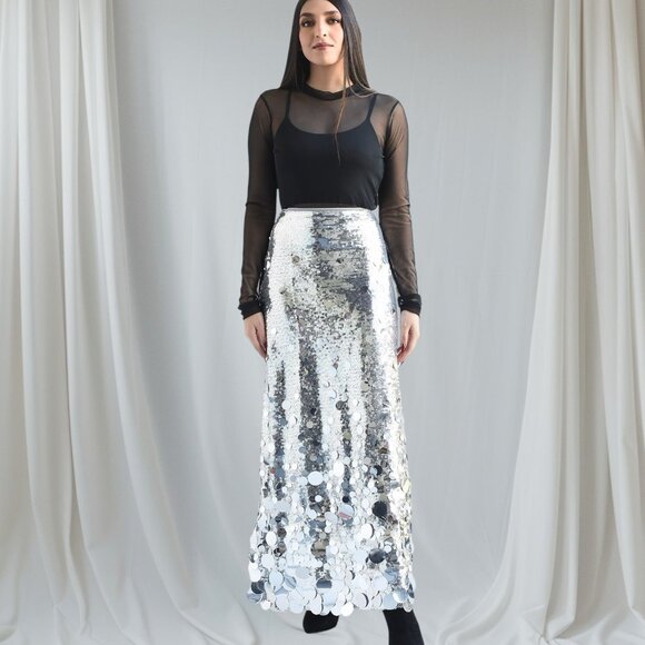 Women Midi Skirt Full Sequin Silver Size 2XL Tall Lined Decorated Mid Rise - Picture 2 of 14